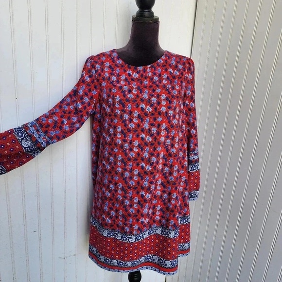 Loft Perite Tunic Dress Women red Blue white Floral Long Sleeve Belted Sz MP - Picture 1 of 16
